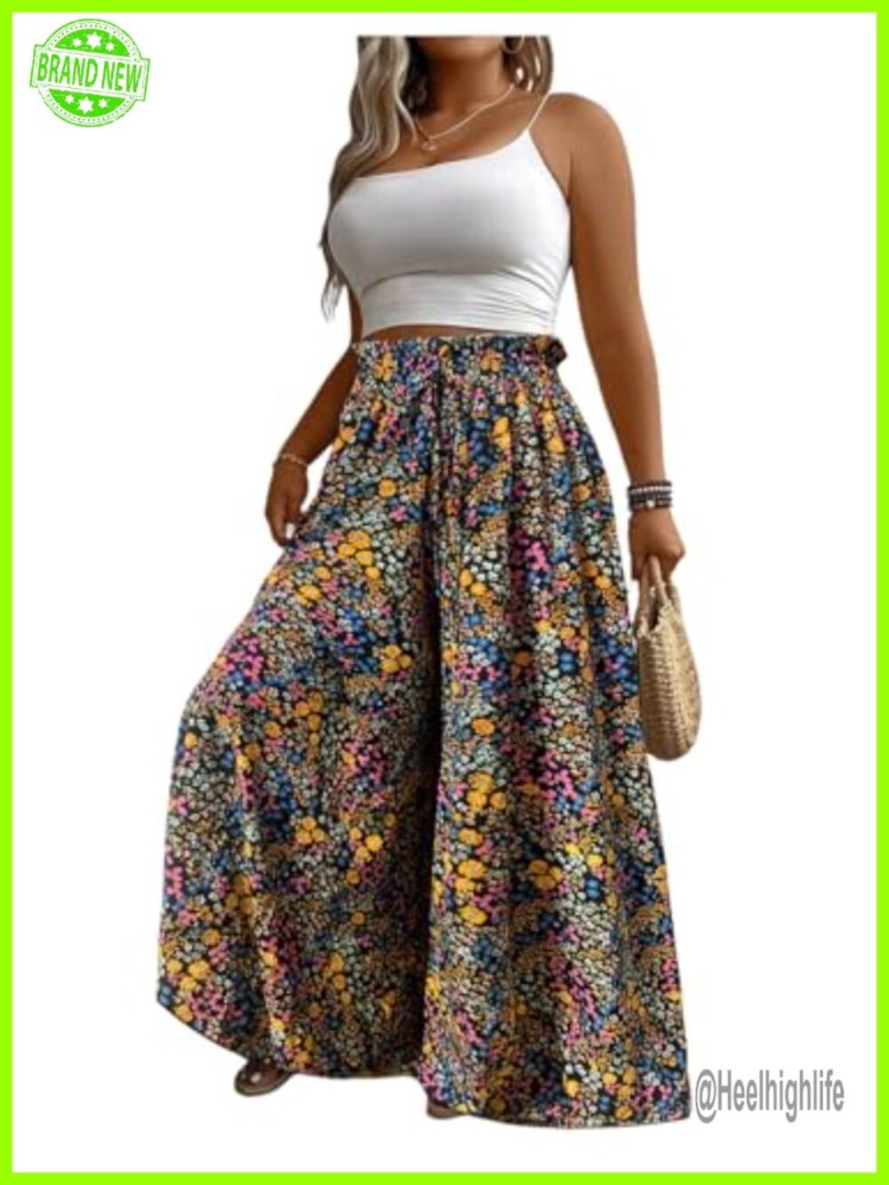 BEAUDRM Women's Floral Wide Leg Palazzo Pants High Waist Drawstring Cruise